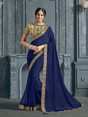 Navy Blue Chiffon Jacquard Border Full Saree Sari