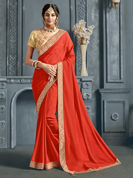 Orange Chiffon Jacquard Border Full Saree Sari
