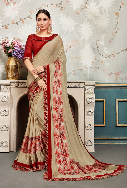 Beige Chiffon Embellished Fancy Designer Saree Sari