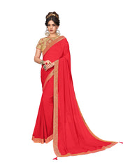 Red Moss Chiffon Poly Silk Embroidered Jacquard Border Designer Saree Sari