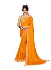 Mustard Moss Chiffon Poly Silk Embroidered Jacquard Border Designer Saree Sari