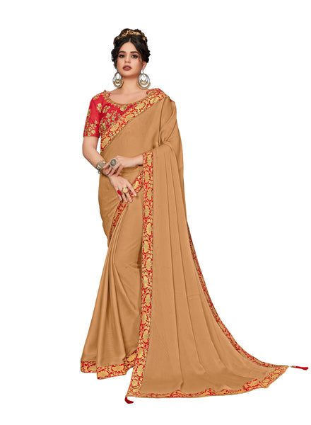 Brown Moss Chiffon Poly Silk Embroidered Jacquard Border Designer Saree Sari