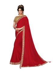 Red Moss Chiffon Poly Silk Embroidered Jacquard Border Designer Saree Sari