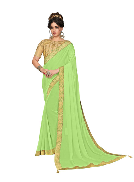 Green Moss Chiffon Poly Silk Embroidered Jacquard Border Designer Saree Sari