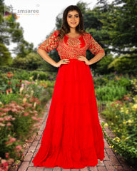 Red Designer Wedding Partywear Pure Dola Silk Cutdana Beads Sequence Thread Hand Embroidery Work Bridal Gown G1001