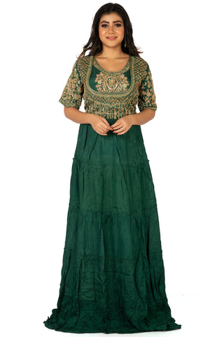 Green Designer Wedding Partywear Pure Dola Silk Cutdana Beads Sequence Thread Hand Embroidery Work Bridal Gown G1002
