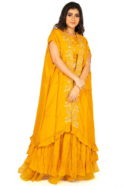 Yellow Designer Wedding Partywear Pure Dola Silk Cutdana Bullion Sequence Thread Hand Embroidery Work Bridal Gown G1008