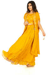 Yellow Designer Wedding Partywear Pure Dola Silk Cutdana Bullion Sequence Thread Hand Embroidery Work Bridal Gown G1008