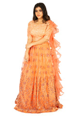 Peach Designer Wedding Partywear Pure Dola Silk Net Cutdana Beads Hand Embroidery Work Bridal Gown G1009