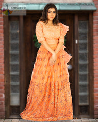 Peach Designer Wedding Partywear Pure Dola Silk Net Cutdana Beads Hand Embroidery Work Bridal Gown G1009