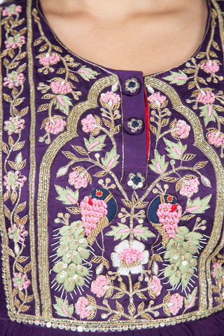 Wine Designer Wedding Partywear Pure Dola Silk Cutdana Beads Sequence Thread Hand Embroidery Work Bridal Gown G1010