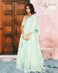 Pista Green Designer Wedding Partywear Pure Georgette Pure Dola Silk Beads Sequence Cutdana Hand Embroidery Work Bridal Gown G1012