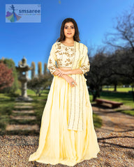 Yellow Designer Wedding Partywear Pure Georgette Pure Dola Silk Beads Sequence Cutdana Hand Embroidery Work Bridal Gown G1015