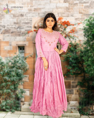 Pink Designer Wedding Partywear Pure Dola Silk Pure Chinon Beads Sequence Cutdana Thread Hand Embroidery Work Bridal Gown G1019