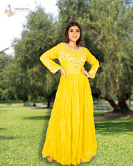 Yellow Designer Wedding Partywear Pure Dola Silk Pure Chinon Beads Sequence Cutdana Thread Hand Embroidery Work Bridal Gown G1020