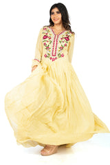 Yellow Designer Wedding Partywear Pure Georgette Beads Thread Bullion Hand Embroidery Work Bridal Gown G1024