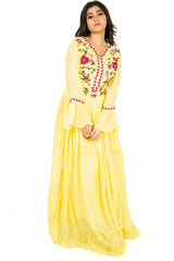 Yellow Designer Wedding Partywear Pure Georgette Beads Thread Bullion Hand Embroidery Work Bridal Gown G1025