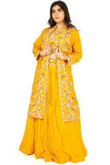Yellow Designer Wedding Partywear Pure Dola Silk Beads Thread Bullion Hand Embroidery Work Bridal Gown G1032