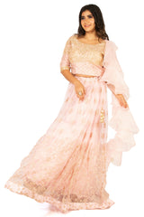 Peach Designer Wedding Partywear Pure Dola Silk Net Cutdana Beads Hand Embroidery Work Bridal Gown G1034