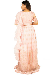 Peach Designer Wedding Partywear Pure Dola Silk Net Cutdana Beads Hand Embroidery Work Bridal Gown G1034