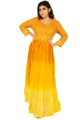 Yellow Designer Wedding Partywear Pure Georgette Cutdana Beads Thread Hand Embroidery Work Bridal Gown G1035