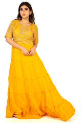 Yellow Designer Wedding Partywear Pure Dola Silk Cutdana Beads Sequence Thread Hand Embroidery Work Bridal Gown G1041