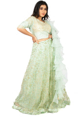 Pista Green Designer Wedding Partywear Pure Dola Silk Net Cutdana Beads Hand Embroidery Work Bridal Gown G1042