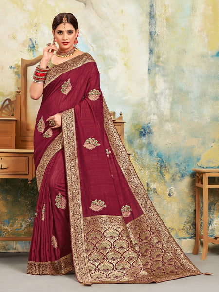Maroon Poly Silk Embroidered With Jacquard Pallu Heavy Work Saree Sari