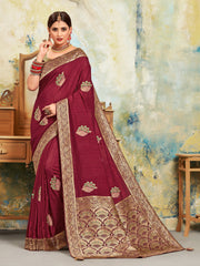 Maroon Poly Silk Embroidered With Jacquard Pallu Heavy Work Saree Sari