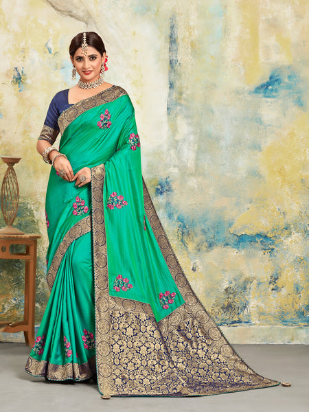 Green Poly Silk Embroidered With Jacquard Pallu Heavy Work Saree Sari
