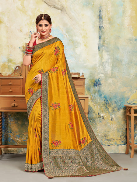 Yellow Poly Silk Embroidered With Jacquard Pallu Heavy Work Saree Sari