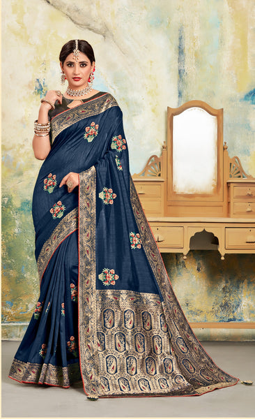Navy Blue Poly Silk Embroidered With Jacquard Pallu Heavy Work Saree Sari