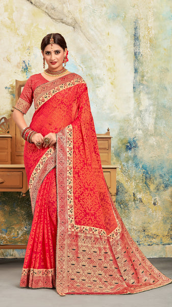 Red Poly Silk Embroidered With Jacquard Pallu Heavy Work Saree Sari