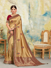 Gold Poly Silk Embroidered With Jacquard Pallu Heavy Work Saree Sari