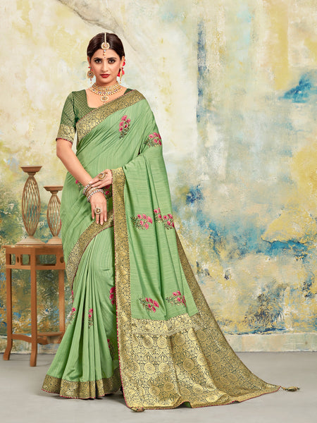 Green Poly Silk Embroidered With Jacquard Pallu Heavy Work Saree Sari