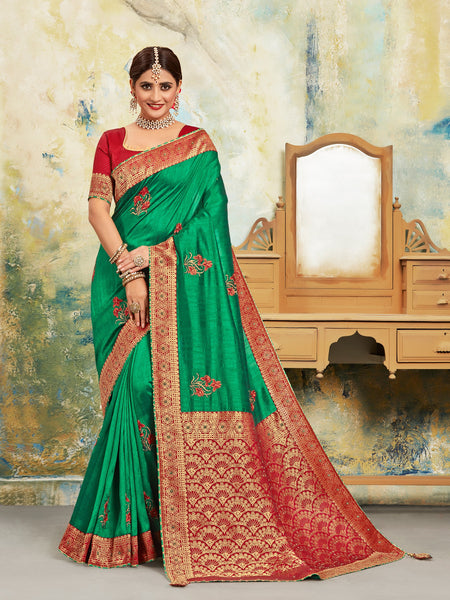 Green Poly Silk Embroidered With Jacquard Pallu Heavy Work Saree Sari