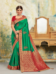Green Poly Silk Embroidered With Jacquard Pallu Heavy Work Saree Sari