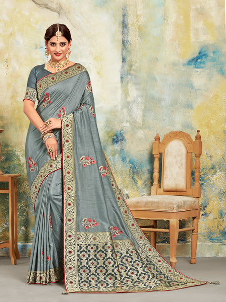 Grey Poly Silk Embroidered With Jacquard Pallu Heavy Work Saree Sari