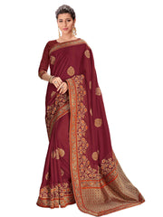 Maroon Poly Silk Golden Jacquard Border Full Saree Sari