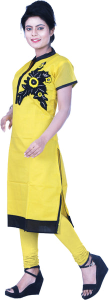 SMSAREE Yellow Designer Casual Partywear Cotton (Chanderi) Thread Hand Embroidery Work Stylish Women Kurti Kurta With Free Matching Leggings GK884