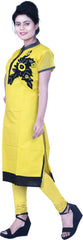 SMSAREE Yellow Designer Casual Partywear Cotton (Chanderi) Thread Hand Embroidery Work Stylish Women Kurti Kurta With Free Matching Leggings GK884