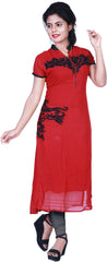 SMSAREE Red Designer Casual Partywear Georgette Viscos Thread Hand Embroidery Work Stylish Women Kurti Kurta With Free Matching Leggings GK929