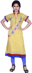 SMSAREE Yellow Designer Casual Partywear Cotton (Chanderi) Thread Hand Embroidery Work Stylish Women Kurti Kurta With Free Matching Leggings GK943