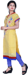 SMSAREE Yellow Designer Casual Partywear Cotton (Chanderi) Thread Hand Embroidery Work Stylish Women Kurti Kurta With Free Matching Leggings GK943