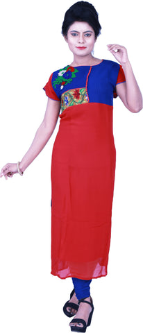 SMSAREE Red & Blue Designer Casual Partywear Georgette Viscos Thread Hand Embroidery Work Stylish Women Kurti Kurta With Free Matching Leggings GK961