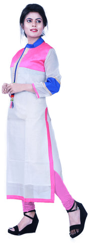 SMSAREE White Pink & Blue Designer Casual Partywear Cotton (Chanderi) Self Design Hand Embroidery Work Stylish Women Kurti Kurta With Free Matching Leggings GKA178