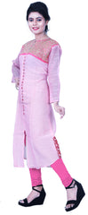 SMSAREE Pink Designer Casual Partywear Cotton (Chanderi) Thread & Zari Hand Embroidery Work Stylish Women Kurti Kurta With Free Matching Leggings GKA702