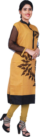 SMSAREE Yellow & Black Designer Casual Partywear Cotton (Chanderi) & Net Sleeves Thread Hand Embroidery Work Stylish Women Kurti Kurta With Free Matching Leggings GKB158