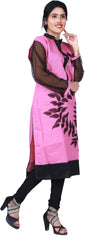 SMSAREE Pink & Black Designer Casual Partywear Cotton (Chanderi) & Net Sleeves Thread Hand Embroidery Work Stylish Women Kurti Kurta With Free Matching Leggings GKB186