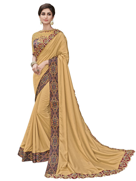 Golden Satin Silk Full Designer Saree Sari